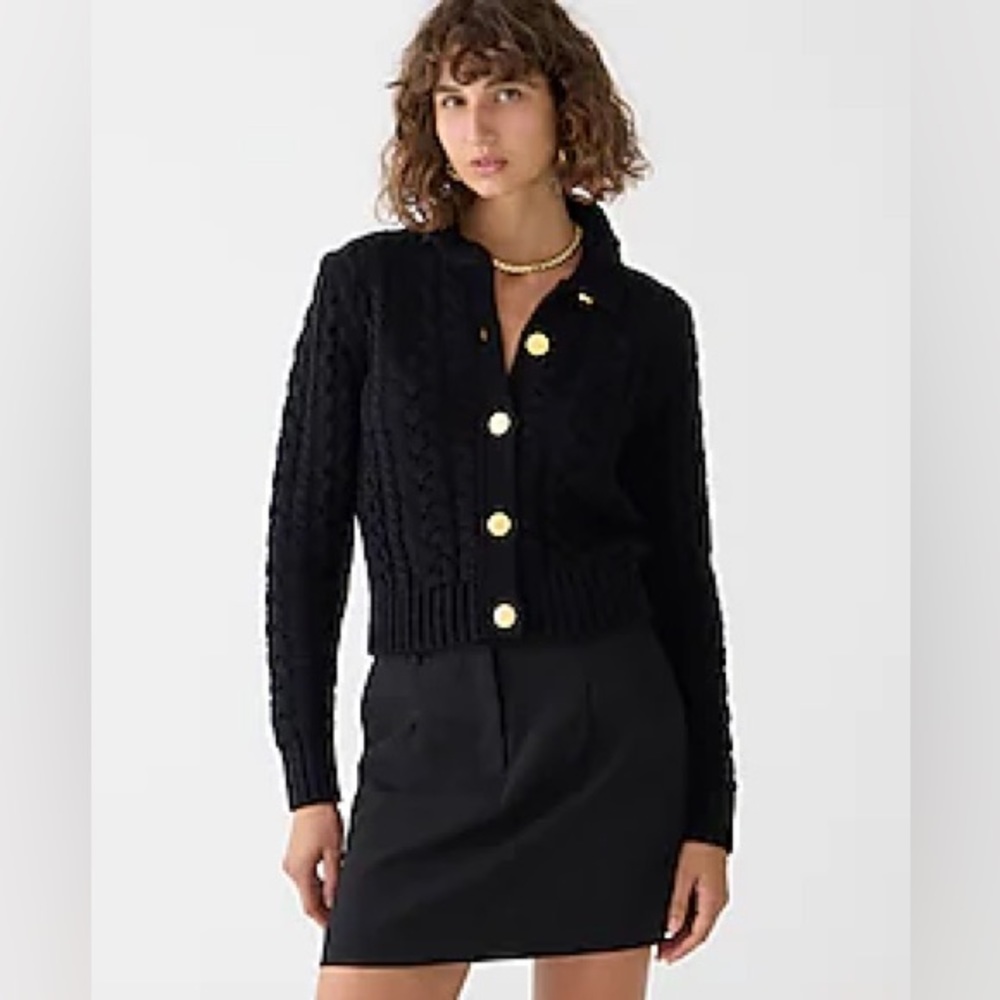 J. Crew Cable-Knit Ruffle Neck Cardigan Sweater